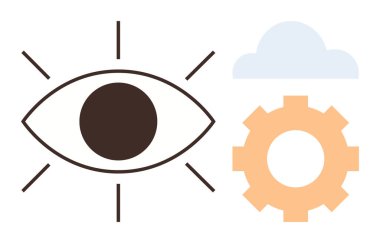 Işık ışınları, turuncu dişli gözler ve mavi bulut birleşerek yenilik, teknoloji, veri görselleştirmesi, siber güvenlik, yaratıcılık, gelişim ve zihniyeti temsil eder. Net ve basit düz metafor