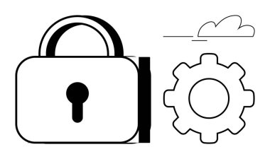 Güvenlik, sistem ayarları ve yenilikçi süreçleri temsil eden asma kilit ve teçhizat. Teknoloji, veri koruması, sistem entegrasyonu, bulut hesaplaması, yapılandırma, güvenlik için ideal