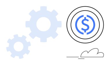 Birbirine kenetlenmiş iki vites dairesel bir çerçevede dolar işareti ile hizalanmış, verimliliği ve finansal büyümeyi sembolize ediyor. İş stratejisi, işbirliği, ekonomik planlama ve yenilik için ideal