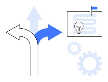 Farklı yolları gösteren oklar, dişlilerin arasında bir ampul bulunan bir planla eşleştirilmiş. Strateji, yenilik, planlama, beyin fırtınası, rehberlik, seçim, yön bulma için ideal. Basit düz metafor