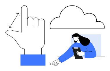 El hareketi bulut teknolojisiyle etkileşime girer. Elinde bir pano tutan kadın ileriye bakar. Teknoloji, bulut depolama, yenilik, kullanıcı deneyimi, veri paylaşımı, yaratıcılık, basit iniş için ideal