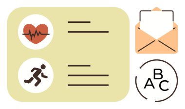 Kalp atışı ikonu, kardiyogram, ikon, harfli zarf ve alfabe sembolleri. Sağlık uygulamaları, iletişim, fitness izleme, tıbbi uyarılar, eğitim takım çalışması için idealdir.