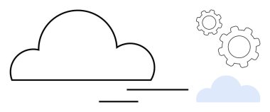Dinamik çizgilere ve bulut teknolojisini, yazılım gelişimini ve yenilikleri simgeleyen dişli simgelerine sahip soyut bulut. Bulut hesaplama, veri yönetimi, bilişim servisi, takım çalışması, yazılım süreci için ideal