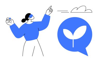 Yapraklı büyüme ikonuna odaklanmış bir bulutu işaret eden bir kadın. Sürdürülebilirlik, büyüme, gelişme, çevre, yenilik, yeşil fikirler, eko-bilinç için idealdir. Basit bir düz metafor.