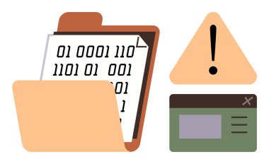 Open folder with binary code file, triangular warning sign with exclamation, error notification window. Ideal for cybersecurity, data analysis, programming, warnings, file management, IT clipart svg vector 