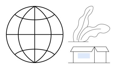 Basit dünya çizgisi, pencereli küçük bir ev, soyut yapraklar. Sürdürülebilirlik, minimalizm, küresel toplum, eko-yaşam, çevre bakımı, küreselleşme için ideal basit düz metafor