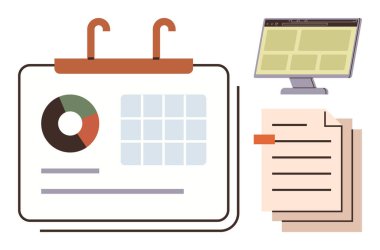 Grafik, takvim ızgarası, istiflenmiş belgeler ve monitör ekranı içeren bir iş paneli. Veri yönetimi, organizasyon, planlama, kağıt işleri analitik verimlilik takım çalışması için idealdir. Basit düz