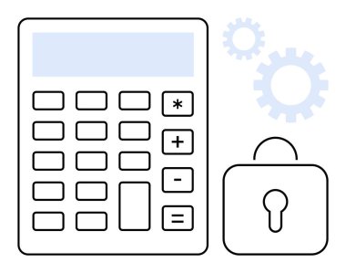 Sayısal tuş takımlı hesap makinesi, mekanizmalar için dişliler ve güvenlik için asma kilit. Finans, veri koruması, şifreleme, muhasebe, mahremiyet, güvenli işlemler ve basit düz metafor için ideal