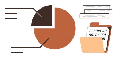 Veri analizini vurgulayan etiketli pasta grafiği, dijital bilgiyi gösteren ikili kodlu dizin ve araştırma için istiflenmiş kitaplar. İstatistik, analitik, eğitim ve teknoloji için ideal