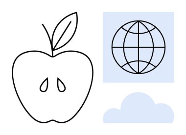Tohumları ve yaprakları olan elma, minimalist mavi ve siyah bir dizayn ile bir küre ve bulut anahatlarıyla eşleştirildi. Sürdürülebilirlik, sağlık, küresel bağlantı, çevre, teknoloji, eğitim, basit