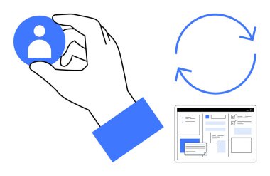 Elle seçilen kullanıcı simgesi, süreçlerin devamlılığını sembolize eden dairesel oklar, iş akışını gösteren web arayüzü ögeleri. Kullanıcı yönetimi için ideal, işlem yenileme, çevrimiçi profiller, sistem güncellemesi, veri