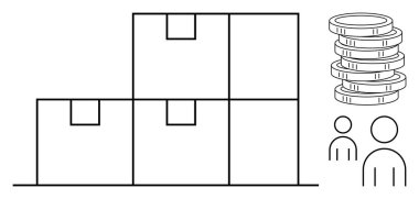 Yığılmış kutular, bozuk para yığınları ve iki minimalist insan figürü. Lojistik, tedarik zinciri, depolama, ekonomi, ticaret takım çalışması ve iş organizasyonu için ideal. Basit düz metafor