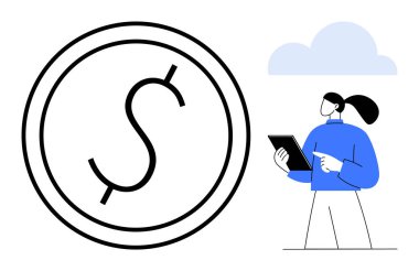 Elinde tablet olan kadın, madeni parayı analiz ederken, büyük miktarlarda para tutuyor. Ekonomi, dijital çözümler, finans, iş stratejisi, yatırım, bankacılık, basit iniş sayfası için ideal