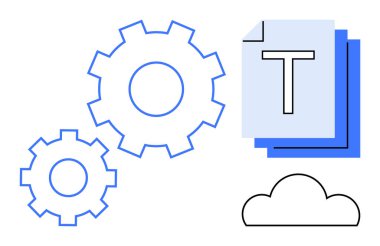 Birbirine kenetlenmiş iki vites, büyük bir T ve veri entegrasyonunu sembolize eden bir bulut simgesi, otomasyon, belge işleme, işbirliği, bulut depolama, yenilik, basit bir
