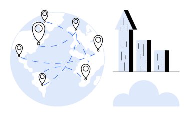 Yer belirleme pimleri kesik çizgilerle birbirine bağlı olan dünya, yukarı doğru ok ve bulut simgesi ile çizelge. Ticari genişleme, küresel iletişim, analitik, veri paylaşımı, lojistik, teknoloji için ideal