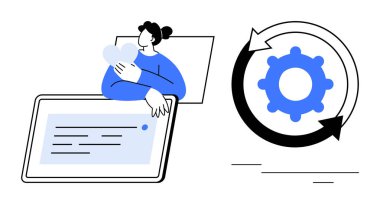 Kalbini tabletin yanında tutan kişi dairesel oklar içinde metin ve teçhizatı gösteriyor. Takım çalışması, iletişim, bağlantı, kullanıcı arayüzü, sistem entegrasyonu, müşteri bakımı, basit düz konum