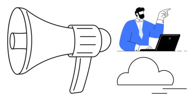 İletişimi sembolize eden megafon, masadaki bir iş adamı liderlik jesti olarak bir bulut unsuruyla işaret ediyor. Takım çalışması, iş büyümesi, liderlik, dijital strateji ve bulut için ideal