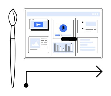 Video, mikrofon, görüntü, metin ve analizlerin yer aldığı dijital panelin yanında fırçala. Sanat, tasarım, içerik oluşturma web geliştirme strateji eğitimi yeniliği için ideal. Basit düz