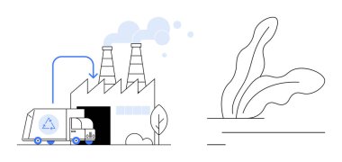 Görünür duman yığınları ve ekoloji ve sürdürülebilirliği temsil eden yapraklı bitkileri gösteren ok ile geri dönüşüm kamyonu fabrikasına giriyor. Atık yönetimi, geri dönüşüm ve sürdürülebilirlik için ideal