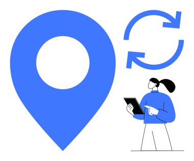 Büyük mavi lokasyon iğnesi ve senkronize oklar, elinde tablet tutan kadın. Navigasyon, teknoloji, güncellemeler, otomasyon, dijital araçlar, iletişim, basit iniş sayfası için ideal