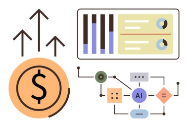 Dolar işaretinin yanında yükselen oklar, grafik ve çizelgelerin olduğu bir veri paneli ve yapay zeka akış şeması bağlantıları. Yenilik, finans, analitik, teknoloji, strateji, iş ilerlemesi için ideal