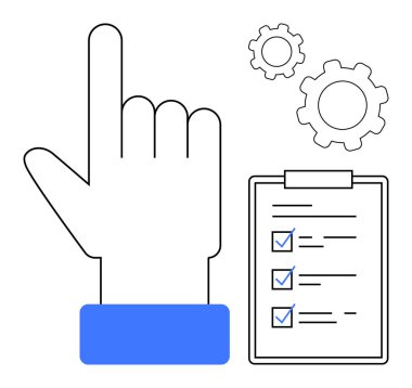 İşaretli görevler ve dişli simgelerinin yer aldığı kontrol listesi ile el işaretlemesi. Çalışma akışı, planlama, üretkenlik, yönetim, karar verme, organizasyon, takım çalışması, basit iniş sayfası için ideal