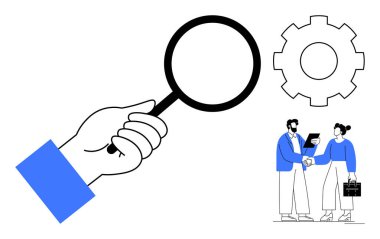 Büyüteçle el muayenesi, verimlilik için teçhizat, el sıkışan iki profesyonel. Takım çalışması, iş analizi, işbirliği, iş arama, ortaklık, yönetim ve verimlilik için ideal