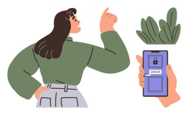 Bir kadın, bir el akıllı telefonu tutarken yukarı doğru işaret ediyor ve yapraklı bir bitkinin yanında ekranı açıyor. İletişim, teknoloji, güven, dijital güvenlik, yenilik, kendini ifade etmek için ideal