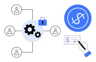 Kullanıcıları birbirine bağlayan şanzıman sistemi, güvenli kilit simgesi, daire şeklinde dolar işareti ve el imzası kontrolü. Finans, takım çalışması, güvenlik, fintech, işlemler için ideal basit düz metafor