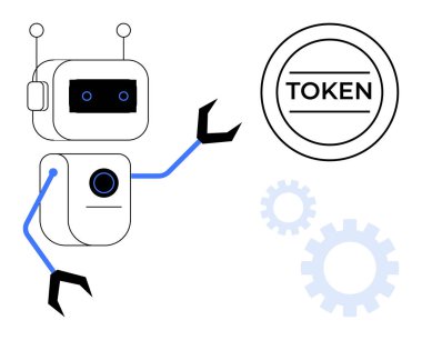Mekanik kolları olan robot viteslerle çevrili jetona doğru uzanıyor. Teknoloji, engelleme zinciri, otomasyon, yapay zeka, kripto para birimi, veri değişimi ve yenilik için ideal. Temiz, düz metafor