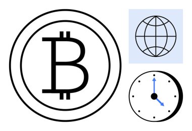 Bitcoin logosu daire içinde, küresel erişimi temsil eden küre ve zamanı veya işlem hızını gösteren saat. Finans, engelleme zinciri, kripto para birimi, küresel ticaret, ademi merkeziyet, verimlilik için ideal