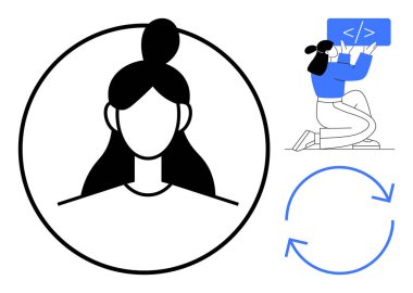 Kadın profil ikonu, dizüstü bilgisayarda kod bloğuyla kodlama yaparken diz çöken kadın ve yenilenmeyi gösteren dairesel oklar. Kullanıcı profili, kodlama içeriği, iş akışı, geliştirme, yineleme için ideal