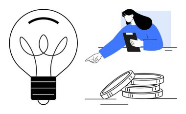 Ampul yeniliği simgeliyor, kadın pano tutuyor ve işaret ediyor, madeni para yığını finansı öneriyor. Yaratıcılık, finans, takım çalışması, planlama, büyüme, basit iniş sayfası için ideal