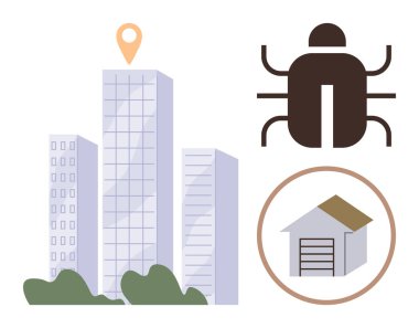 Harita iğnesi, siber güvenlik cihazı ve güvenli ev depolama ikonu olan yüksek binalar. Şehir planlama, siber güvenlik, inşaat, risk yönetimi, güvenlik yenilikçiliği için ideal. Basit.