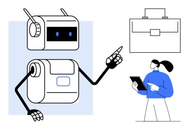 Robot, elinde tablet ve evrak çantası ikonu olan bir profesyonele işaret ediyor. Teknoloji için ideal, yapay zeka yeniliği, takım çalışması, iş çözümleri, profesyonel büyüme, yenilik stratejisi, basit iniş