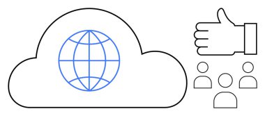 Bulut ana hatları, bağlantıyı tasvir eden dünya ile birlikte, onay, takım çalışması ve dijital bağlantıyı sembolize eden kullanıcı simgeleri. Yenilik için ideal, bulut teknolojisi, işbirliği, geri bildirim
