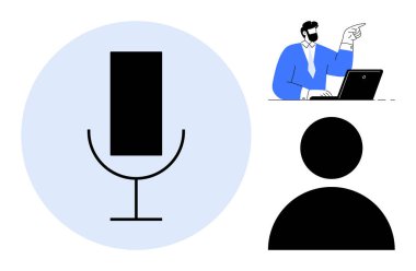 Mikrofon sembolü, masadaki profesyonel kişi ve ses, kullanıcı bağlantısı, iletişim ve talimatlarla etkileşimi temsil eden kullanıcı silueti. Teknoloji, yapay zeka ve takım çalışması için ideal.