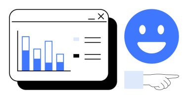 Tarayıcı penceresindeki çubuk çizelgesi mavi mutlu yüz ve işaret eden elin yanında. Analiz, veri eğilimleri, performans değerlendirmesi, kullanıcı memnuniyeti, iş büyümesi, başarı izleme, basit iniş sayfası için ideal