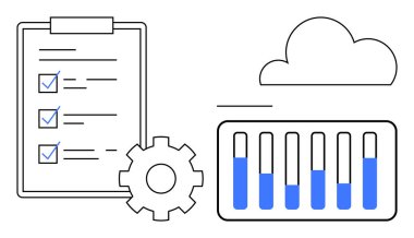 İşaretli görevleri olan kontrol listesi, ayarlar için teçhizat, çevrimiçi depolama için bulut ve tamamlamayı izleyen ilerleme çubukları. Takım çalışması, uzak çalışma, bulut depolama, üretkenlik, planlama geliştirme için ideal