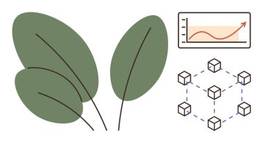 Yeşil yapraklar, engelleme ağı şeması ve sürdürülebilirliği, teknolojiyi, eko-büyümeyi, yeniliği, yenilenebilir enerjiyi, dijital dönüşümü ve çevresel ilerlemeyi temsil eden yükselen grafik. İdeal