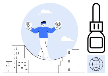 VR bardaklarında ampul ve tokalaşma sembollerini şehir manzarası üzerinde dengeleyen, yaratıcılığı, işbirliği ve yeniliği teşvik eden kişi. Teknoloji, gelecek, takım çalışması, denge, sanal gerçeklik için ideal