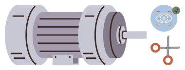 Pervaneli ve durağan detaylara sahip elektrikli motor, verimlilik kontrol sembolü, makas aracı. Mühendislik, imalat, bakım, enerji verimliliği, güvenlik yeniliği teknolojisi için idealdir. Basit düz