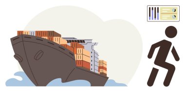 Büyük bir kargo gemisi, su üzerinde konteynırlar, veri tabanı bilgileri ve yürüyen insan ikonu taşıyor. Ticaret, nakliye, lojistik, ulaşım, veri analizi, tedarik zinciri küresel bağlantı için ideal