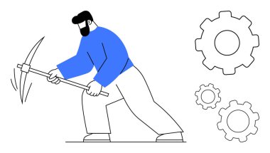 Kazmayı aktif olarak kullanan işçiler takım çalışmasını, üretkenliği, sanayiyi, yeniliği ve mekanik süreçleri sembolize eder. El emeği, teknoloji, mühendislik kavramları için ideal.