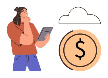 Düşünceli bir kadın bulut ve dolar bozukluğunun yanında dijital tablet tutuyor, online bankacılık, dijital finans ve modern teknolojiyi sembolize ediyor. Fintech, Tasarruf, Karar verme, Planlama için ideal