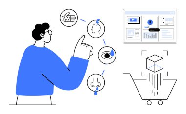 Dokunma, tat, koku, işitme ve görme duyuları için duyusal simgeleri, dijital gösterge paneli ve üç boyutlu nesneleri bir arabaya yükleyen kişiyi işaret ediyor. E-ticaret, kullanıcı etkileşimi ve tasarım için ideal