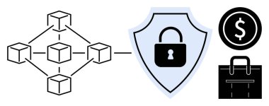 Güvenlik, para sembolü ve evrak çantası için kalkan kilidine bağlı blok zinciri düğümleri. Engelleme zinciri, fintech, siber güvenlik, iş sistemi, dijital varlıklar veri gizliliğini finanse etmek için ideal. Basit.