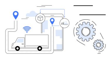 GPS işaretleri, kablosuz sinyal, dişli çarklar ve akıllı telefonlu bir kamyon. Lojistik, ulaşım, GPS navigasyon, dağıtım izleme, tedarik zinciri IOT gelecekteki teknoloji için idealdir.