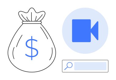 Dolar işaretli para çantası, mavi video ikonu ve arama barı. Finans, para, dijital pazarlama, çevrimiçi gelir, içerik oluşturma, e-ticaret basit iniş sayfası