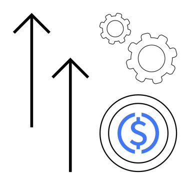 Yukarı bakan oklar, dişliler ve mavi dolar ikonu gelişimi, ekonomik büyümeyi ve üretkenliği simgeliyor. Finans, iş stratejisi, başarı, yatırım teknolojisi için ideal takım çalışması basit
